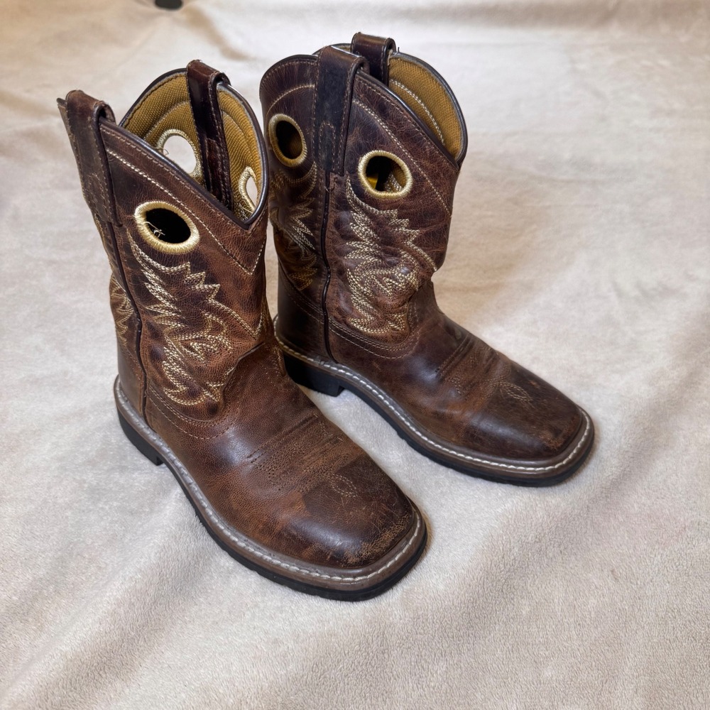Youth Dan Post Western Cowboy Boots Leather Square Brown Childrens Kids Sz 1D